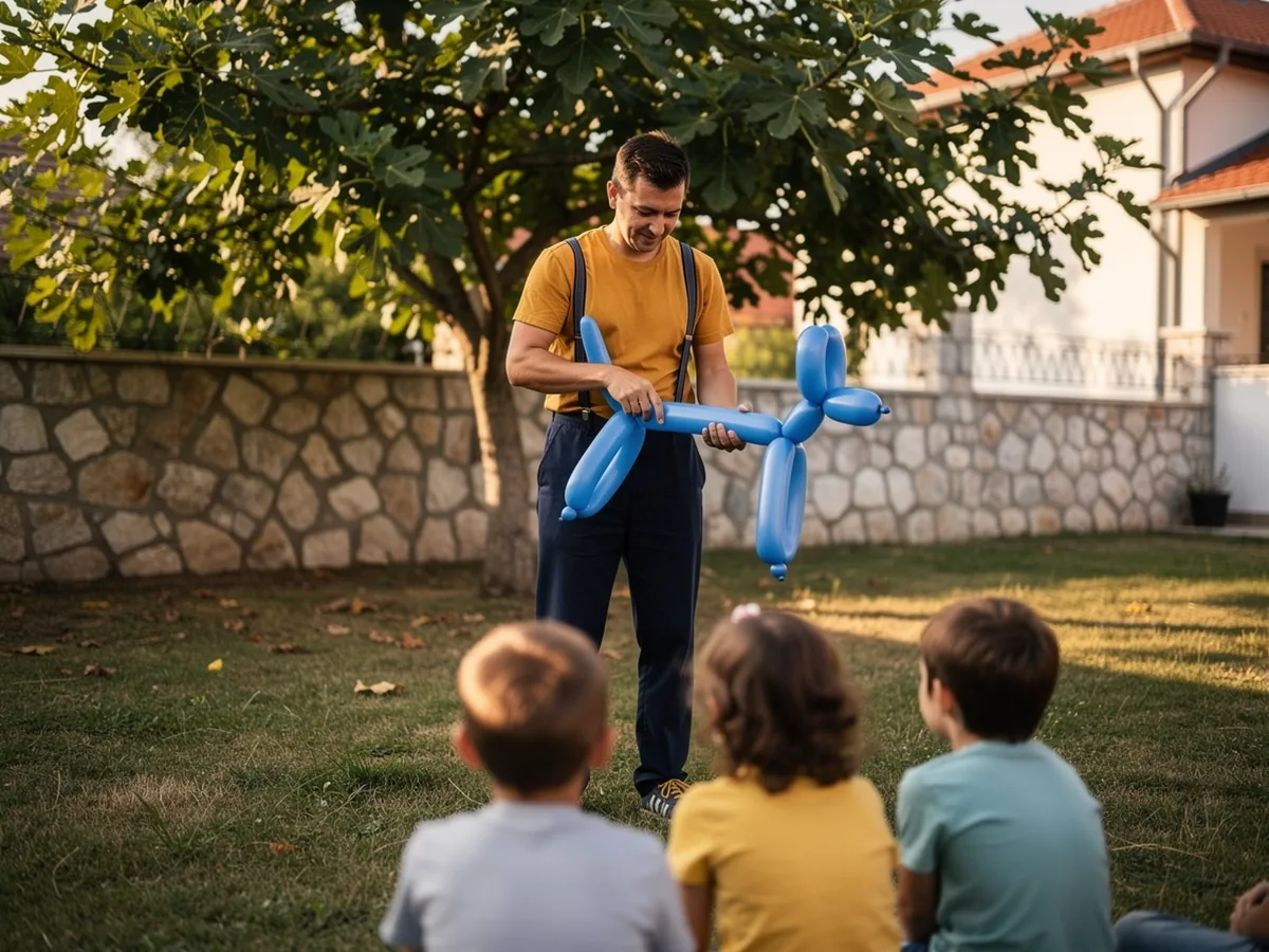 Animator modelira balon u obliku životinje dok djeca sjede na travi u vrtu obiteljske kuće